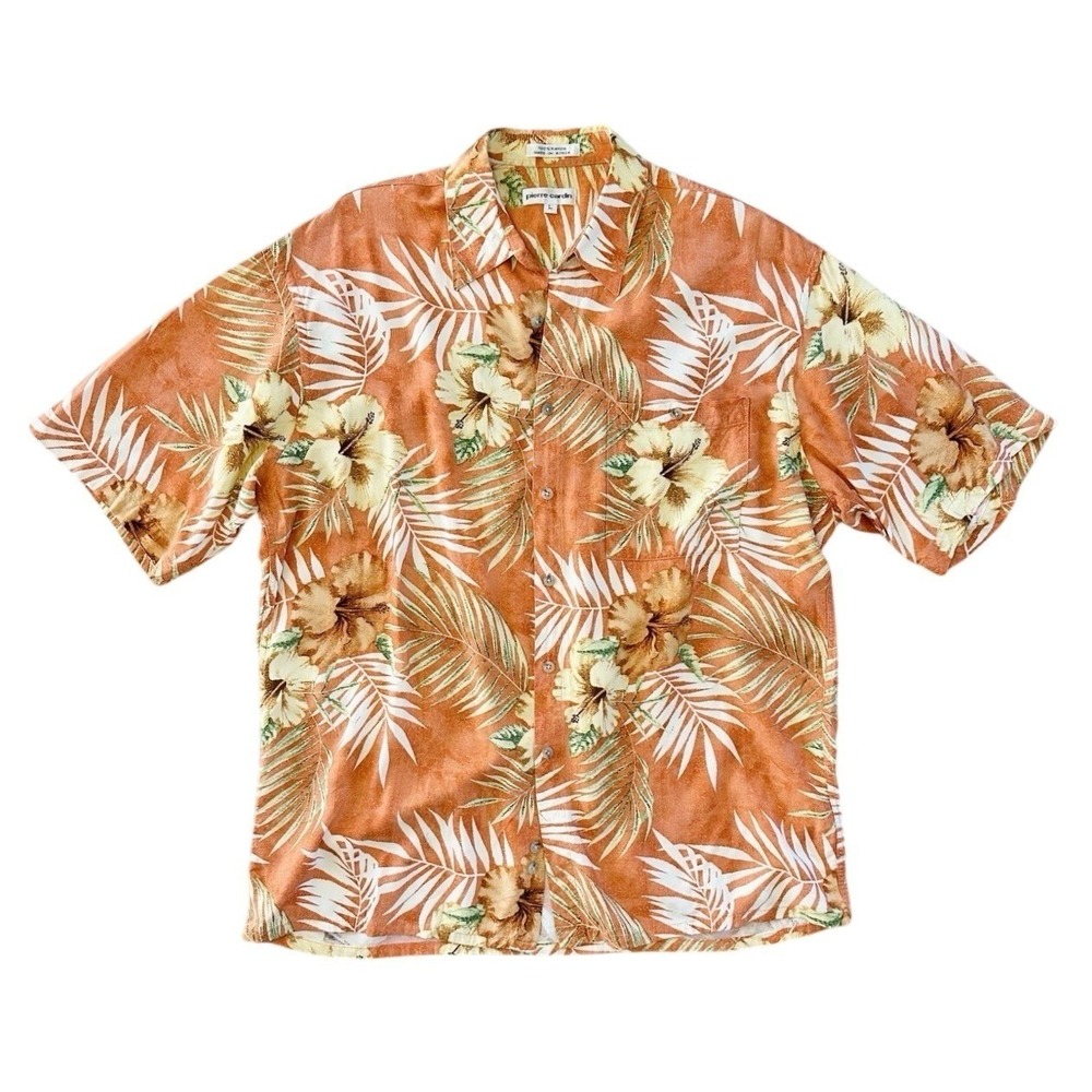 Pierre Cardin VTG 100% Rayon Hawaiian Shirt L Orange Hibiscus Palm Resort Cruise